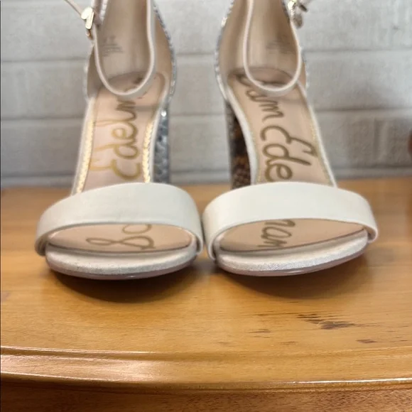 Sam Edelman YARO Snake Skin Cream Gray Chunky Heel Ankle Strap Sandal Women 10 - Picture 2 of 11